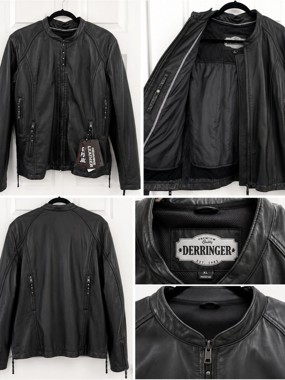 Derringer Genuine Leather Motorcycle Jacket XL Black Cafe‎ Racer Moto Biker NWT